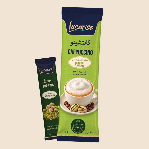 Lucarise Pistachio Cappuccino 14 g sachet with a 2 g real pistachio topping sachet
