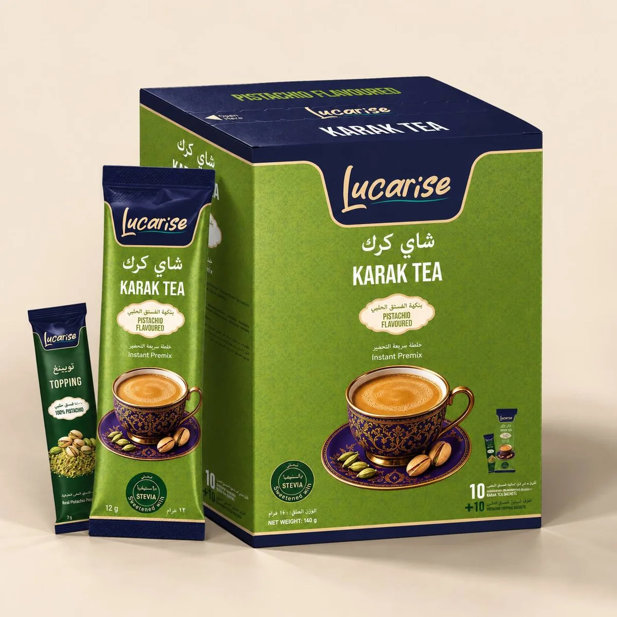 Lucarise Pistachio Karak Tea box: 10 karak tea sachets and 10 pistachio topping sachets
