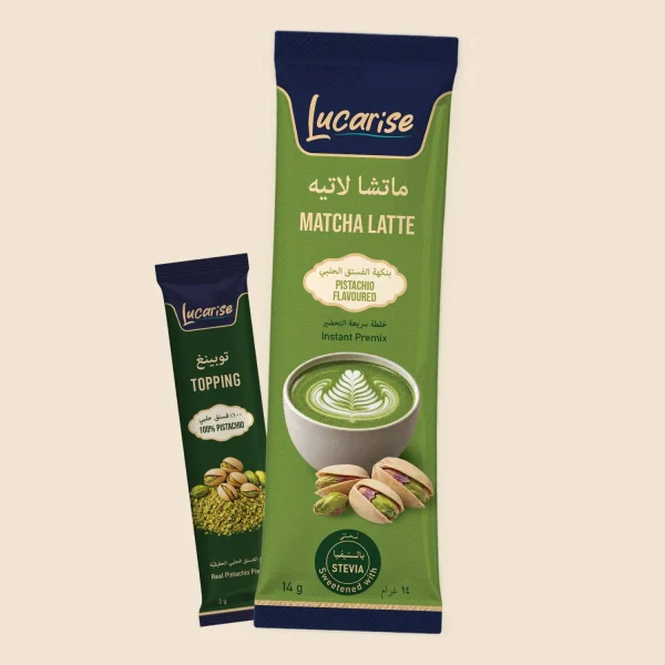 Lucarise Pistachio Matcha Latte 14 g sachet with a 2 g real pistachio topping sachet