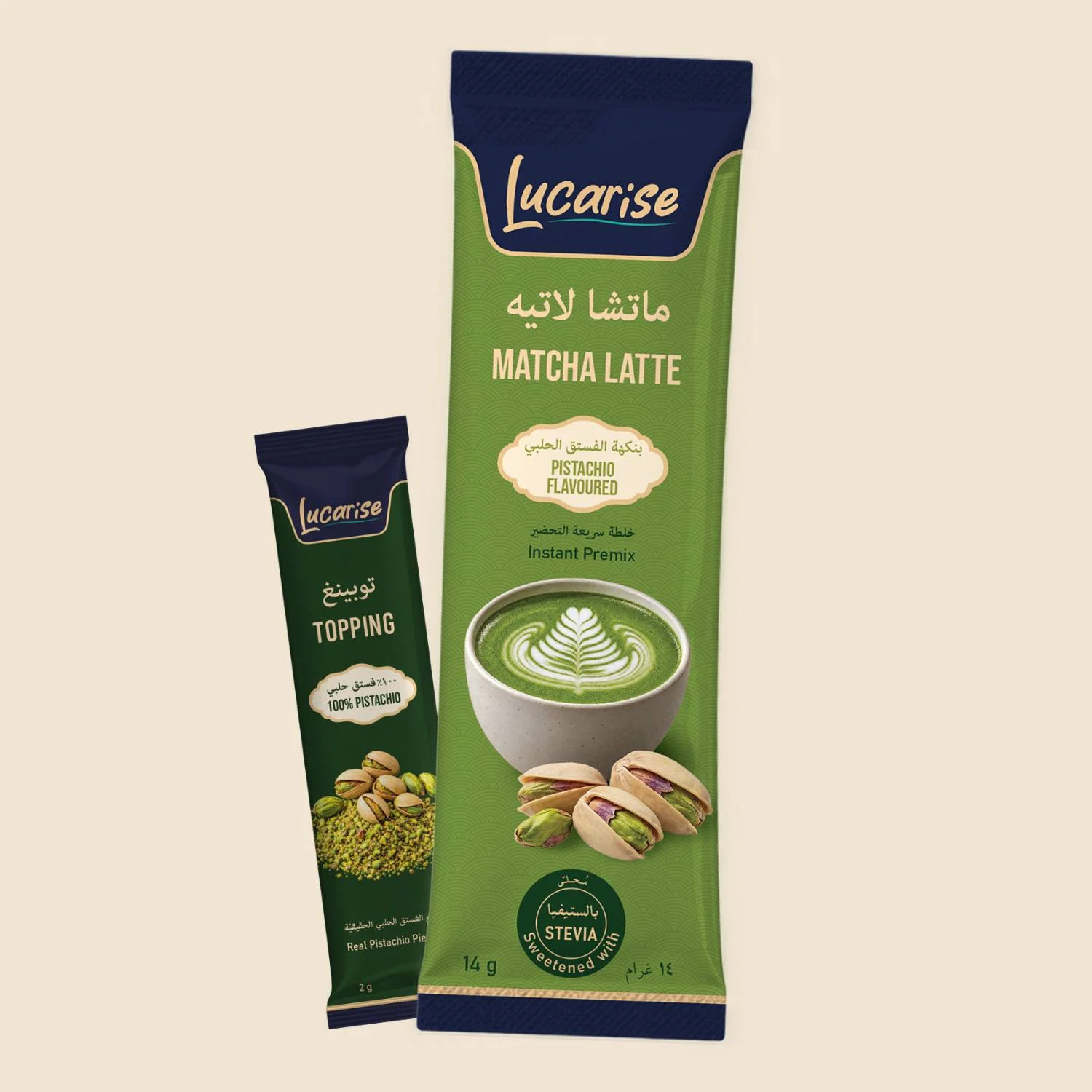 Lucarise Pistachio Matcha Latte 14 g sachet with a 2 g real pistachio topping sachet