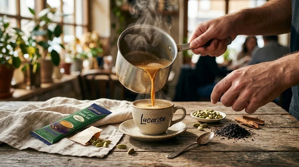 Pouring freshly brewed karak tea from a pan into a cup, with cardamom and black tea leaves