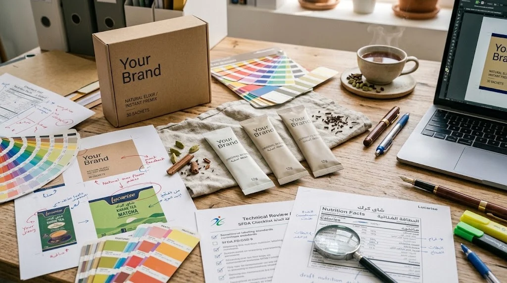 Private label design review desk with colour swatches, sachet mockups, packaging drafts and a draft bilingual nutrition facts label