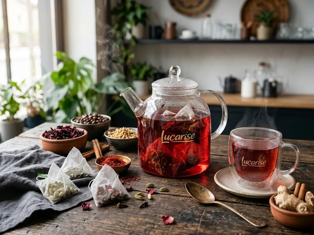 Lucarise pyramid tea bags brewing hibiscus and saffron herbal tea in a glass teapot