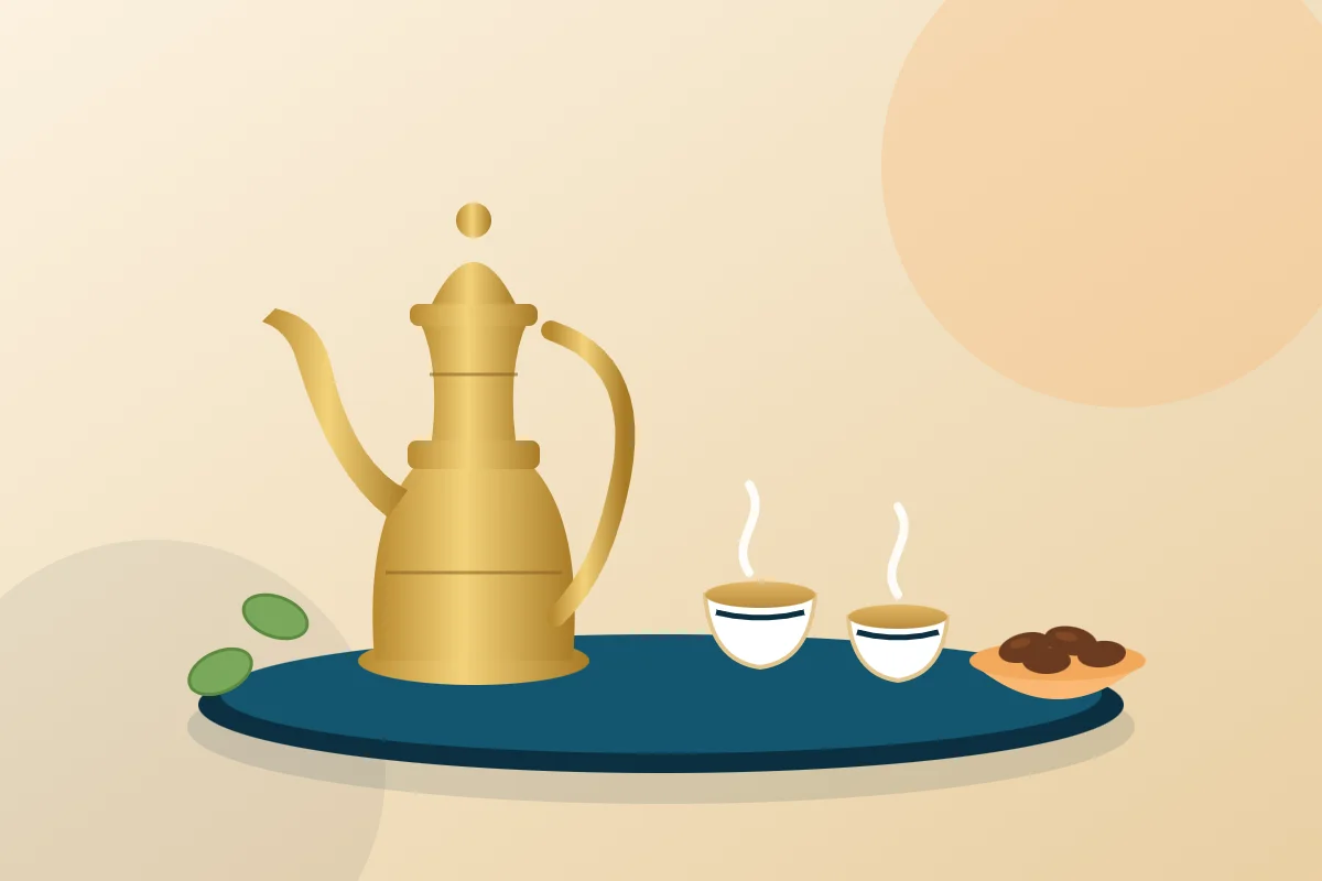 Arabic coffee in a dallah with finjan cups and dates