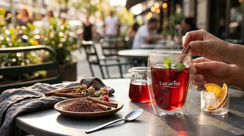 Rooibos tea served in a Lucarise double-wall glass with mint and cinnamon at a cafe table