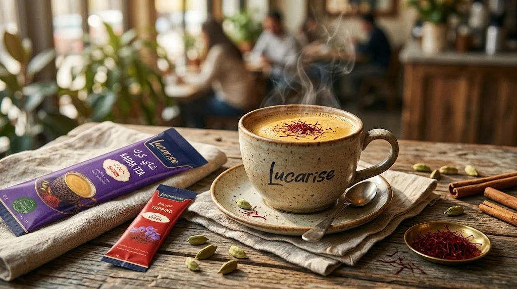 Saffron karak tea in a cup with saffron threads, next to a Lucarise saffron karak sachet and a saffron topping sachet