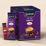 Lucarise Saffron Karak Tea box: 10 karak tea sachets and 10 saffron topping sachets