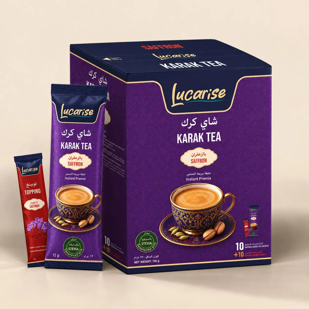 Lucarise Saffron Karak Tea box: 10 karak tea sachets and 10 saffron topping sachets