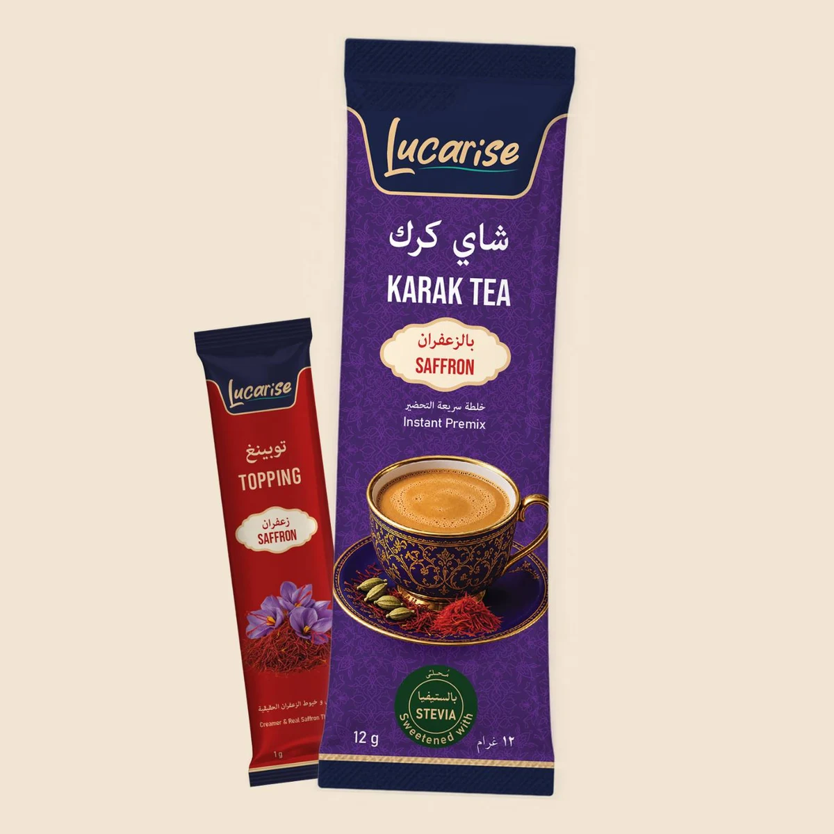 Lucarise Saffron Karak Tea sachet with its separate saffron topping sachet
