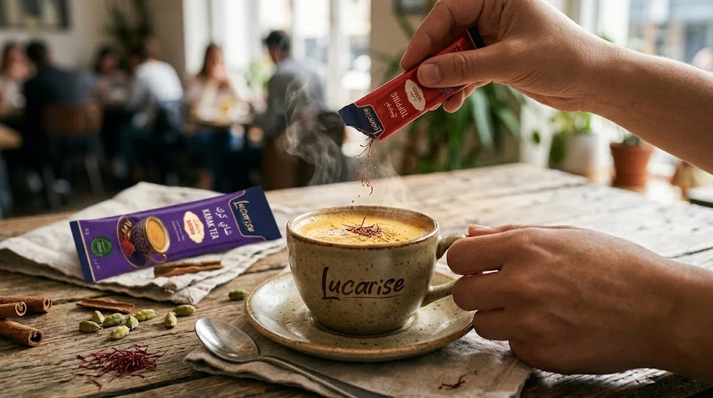 Sprinkling the saffron topping sachet over a cup of karak tea