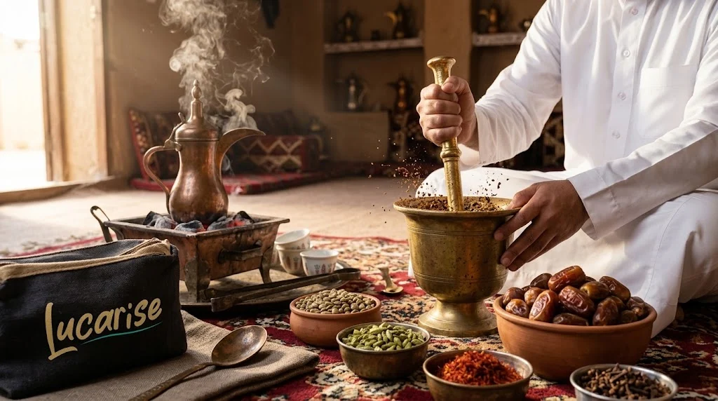 Making Saudi coffee at home: grinding coffee in a brass mortar next to a dallah on coals, with cardamom, saffron and dates