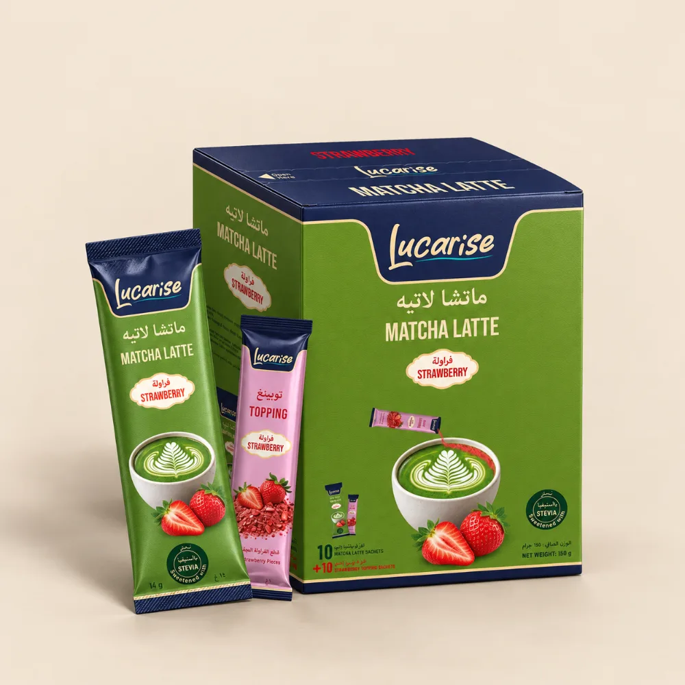 Lucarise strawberry matcha latte box, sachet and strawberry topping