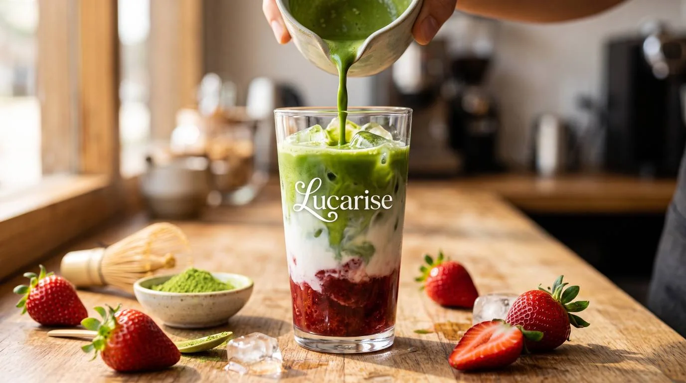 Iced strawberry matcha latte: matcha poured over milk and strawberry purée