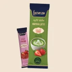 Lucarise Strawberry Matcha Latte 14 g sachet with a 1 g freeze-dried strawberry topping sachet