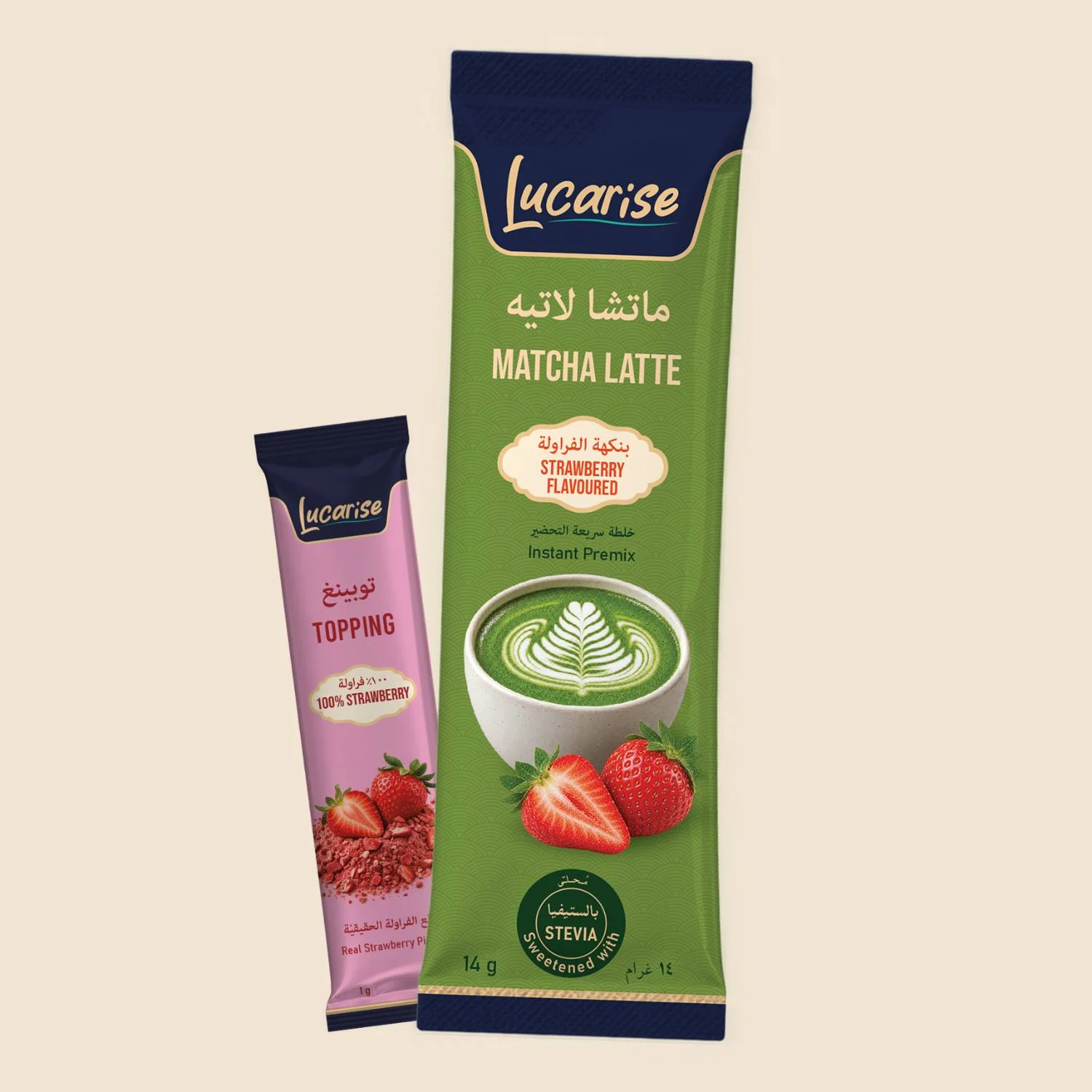 Lucarise Strawberry Matcha Latte 14 g sachet with a 1 g freeze-dried strawberry topping sachet