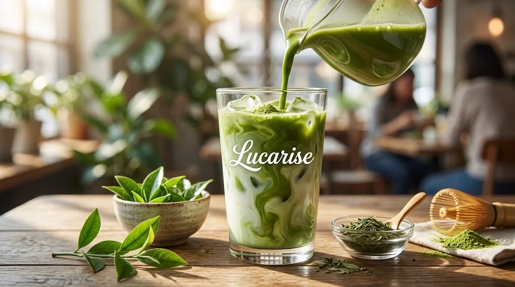Pouring matcha over milk and ice, with fresh stevia leaves on the table