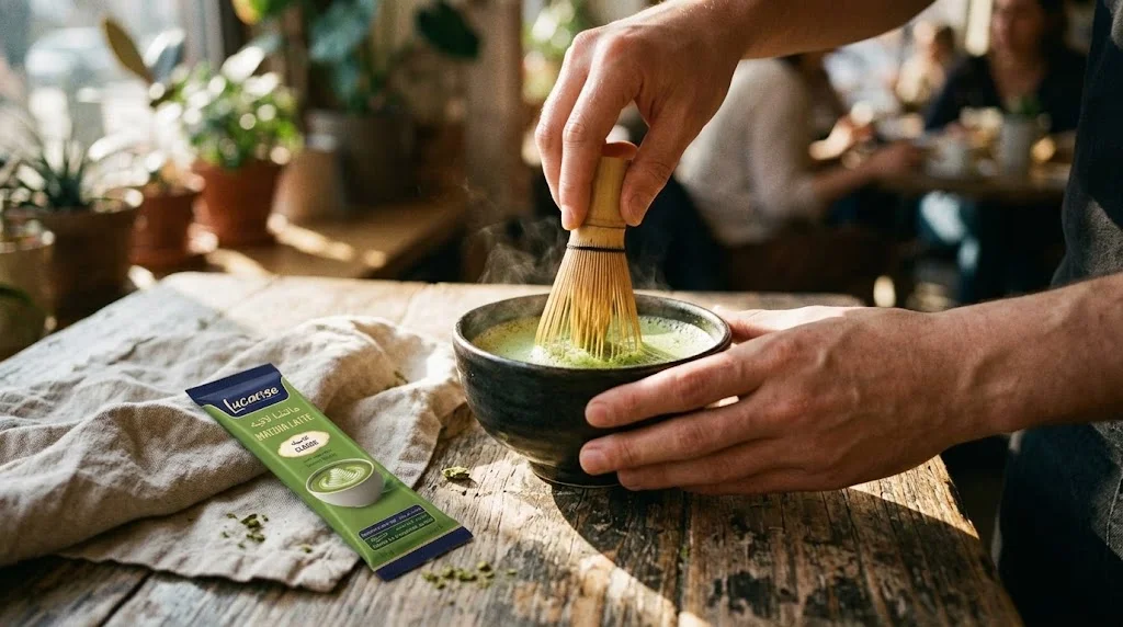 Whisking matcha in a bowl with a bamboo whisk next to a matcha latte sachet