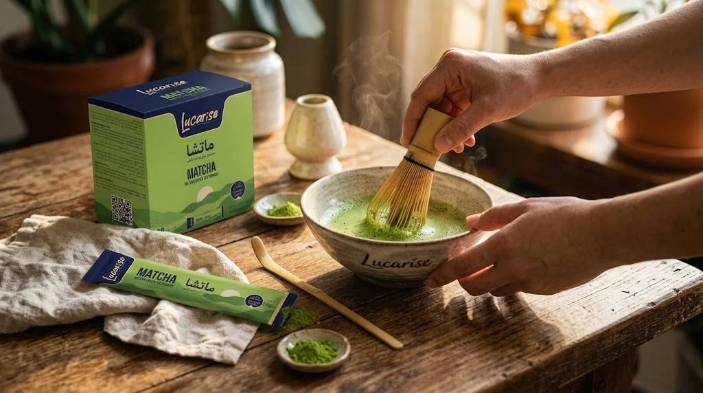 Whisking matcha with a bamboo chasen in a matcha bowl, with a Lucarise matcha box, sachet, bamboo scoop and whisk holder