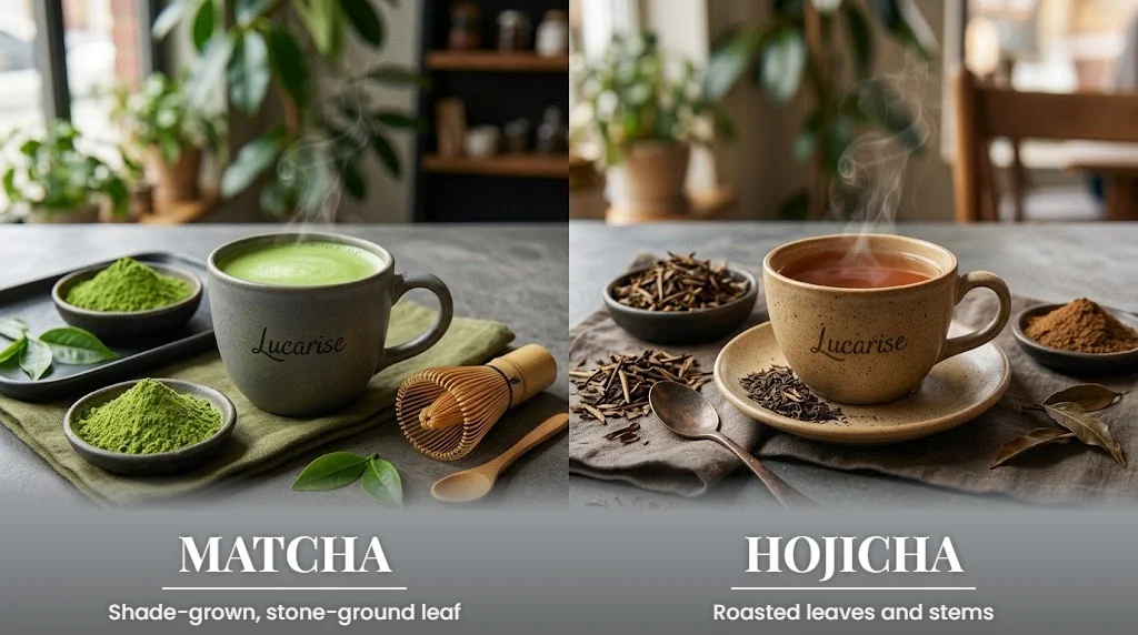 Matcha and hojicha side by side: a green matcha with matcha powder and a bamboo whisk, and a brown hojicha with roasted leaves