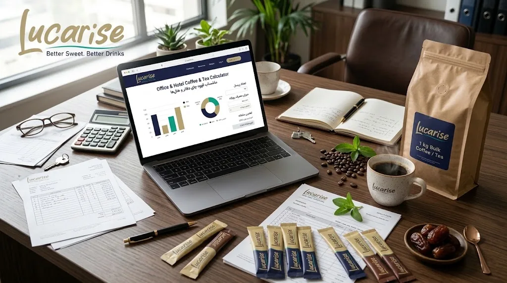 Planning monthly office coffee and tea sachets on a laptop with Lucarise stick sachets and a bulk bag