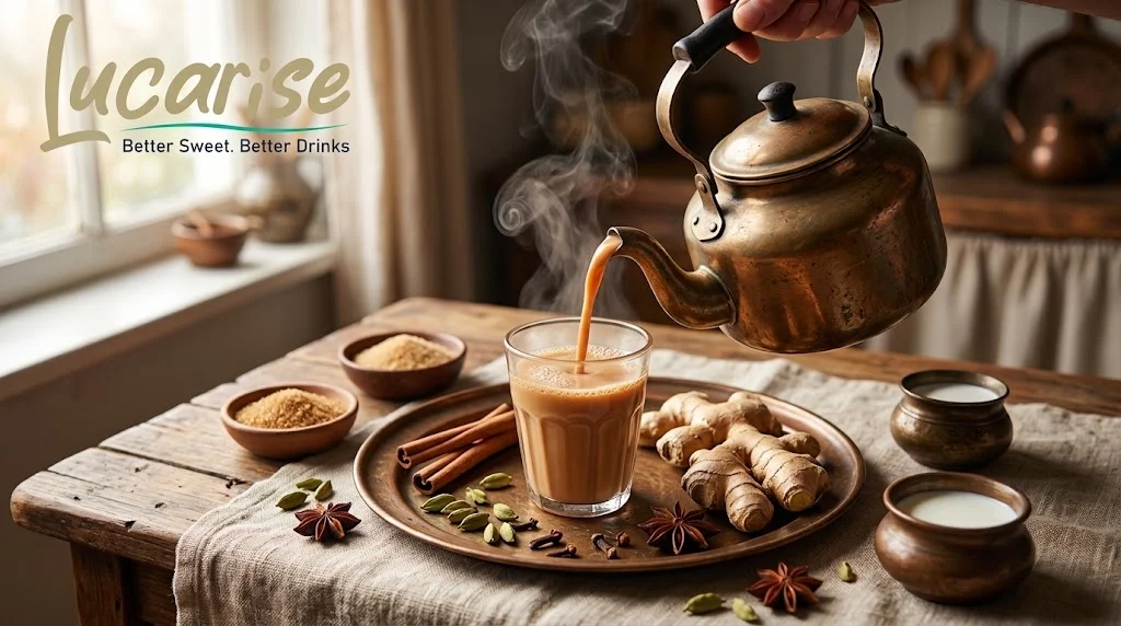 Pouring hot ginger karak tea from a copper kettle into a glass, with fresh ginger, cardamom and cinnamon