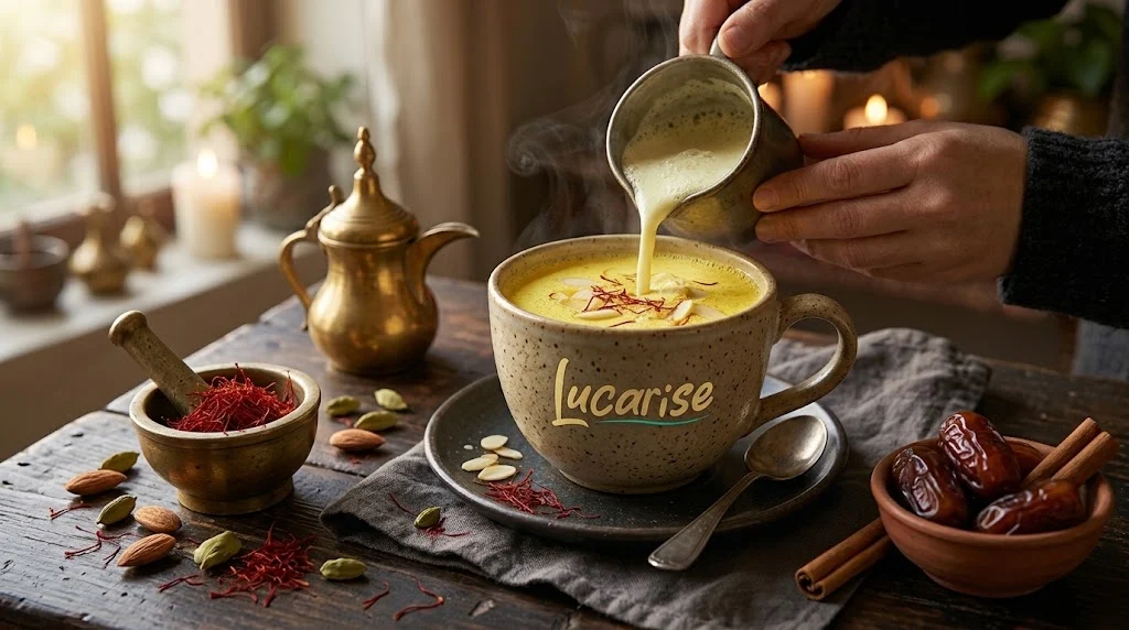 Pouring warm milk into a cup of saffron milk with saffron threads and sliced almonds