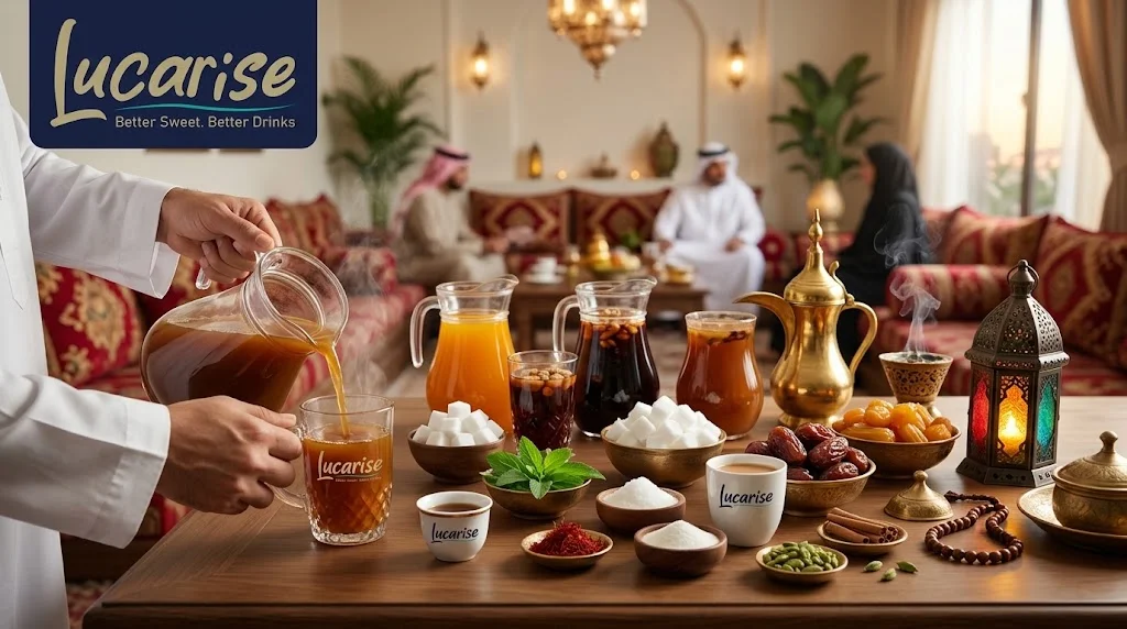 Host pouring a Ramadan drink into a glass at iftar, with juices, sugar cubes, dates and Arabic coffee on the table