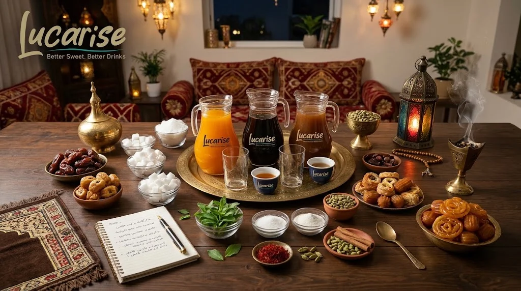Jugs of orange, dark and amber Ramadan drinks on a tray beside bowls of sugar cubes, dates and sweets