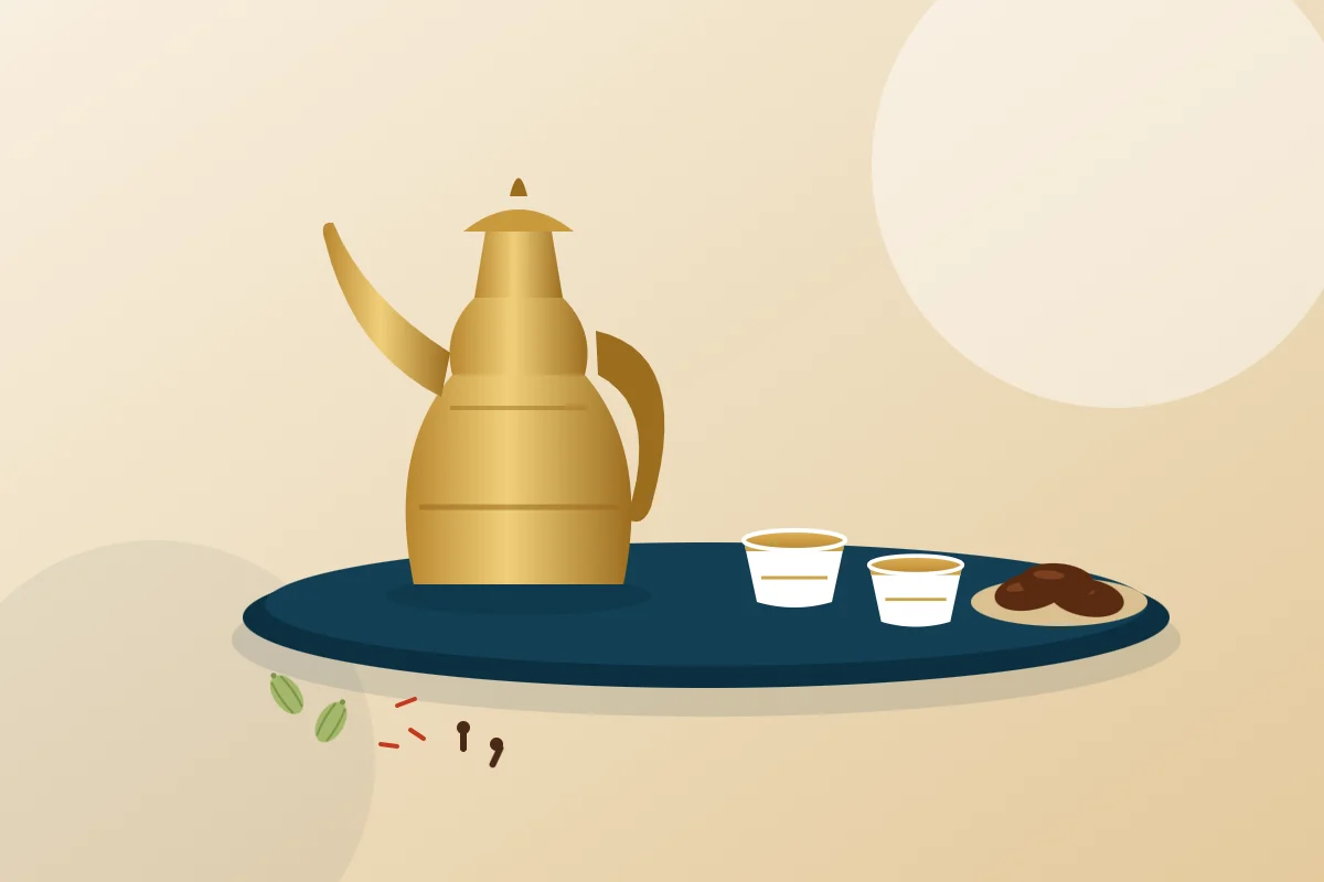 Saudi coffee served from a brass dallah with dates