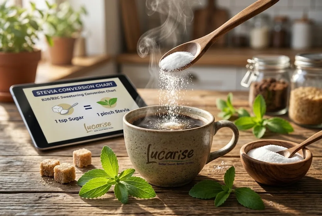 Spoon of sweetener poured into coffee next to a stevia conversion chart on a tablet