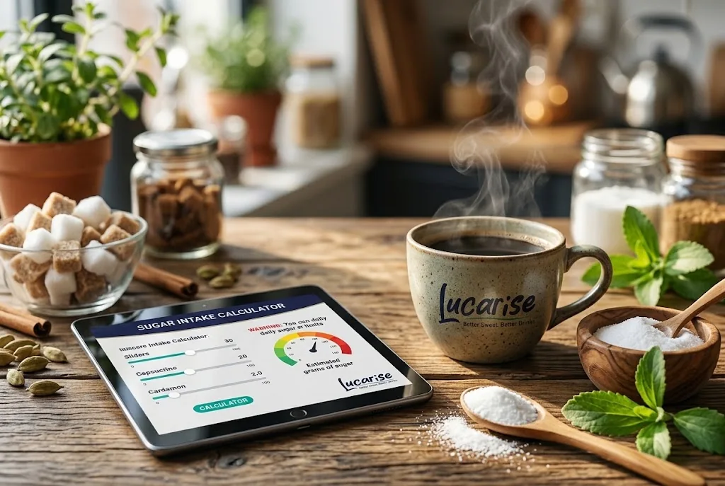 Sugar intake calculator on a tablet with coffee, sugar cubes and stevia leaves
